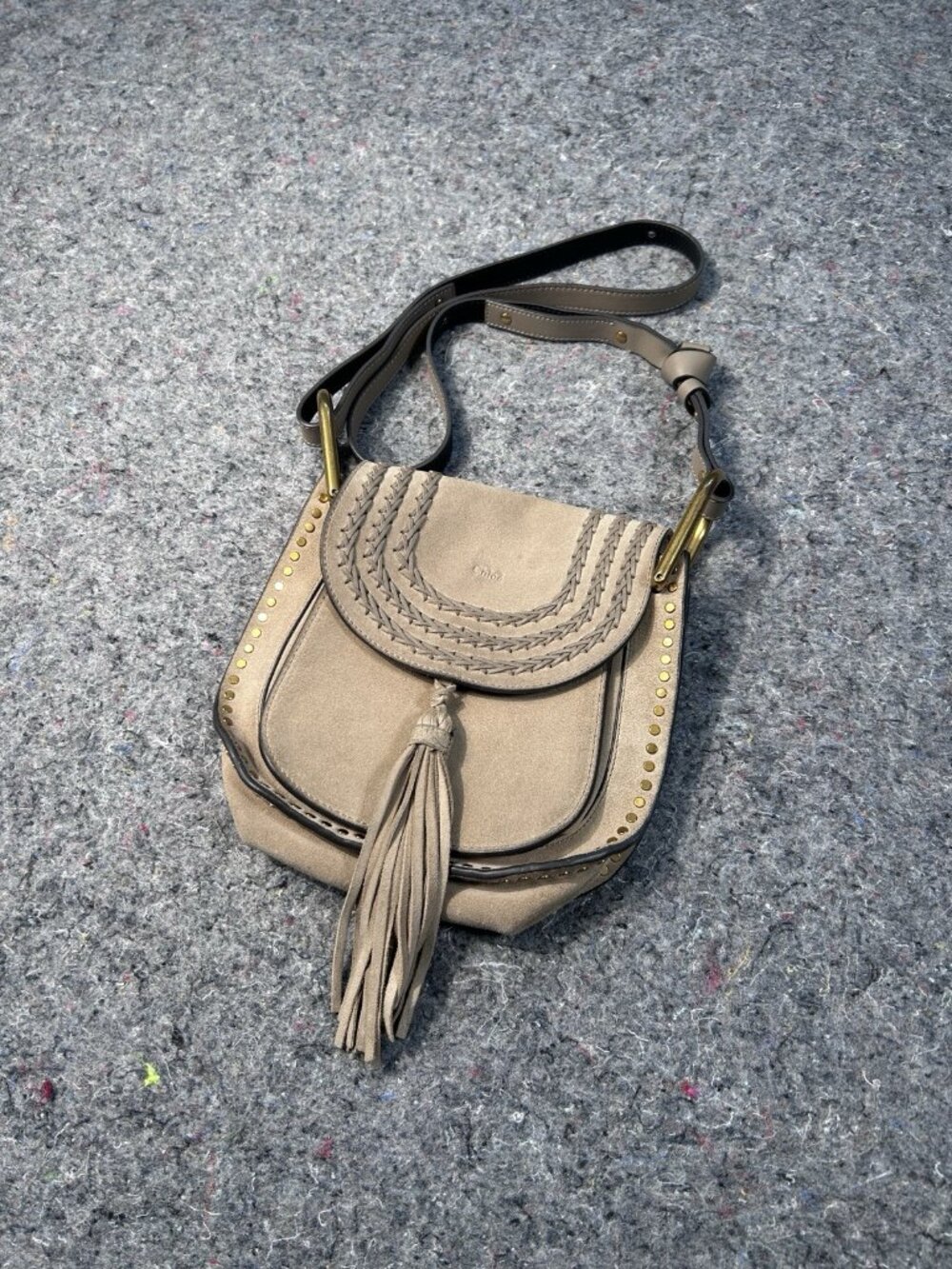 CHLOE HUDSON BRAIDED LEATHER TASSEL STUDDED BAG MEDIUM, BEIGE